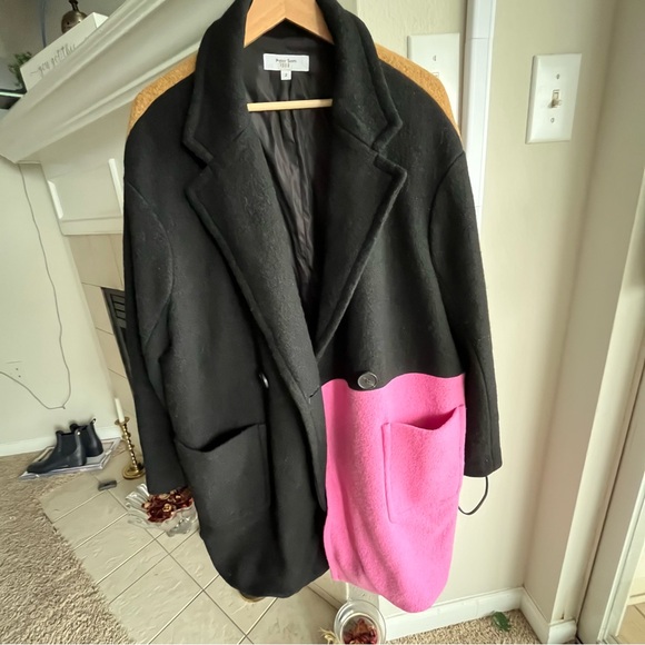 PETER SOM Coat size2 Colorblock Wool-Blend Midi Button Lined Black Pink Tan l-xl - Picture 8 of 13